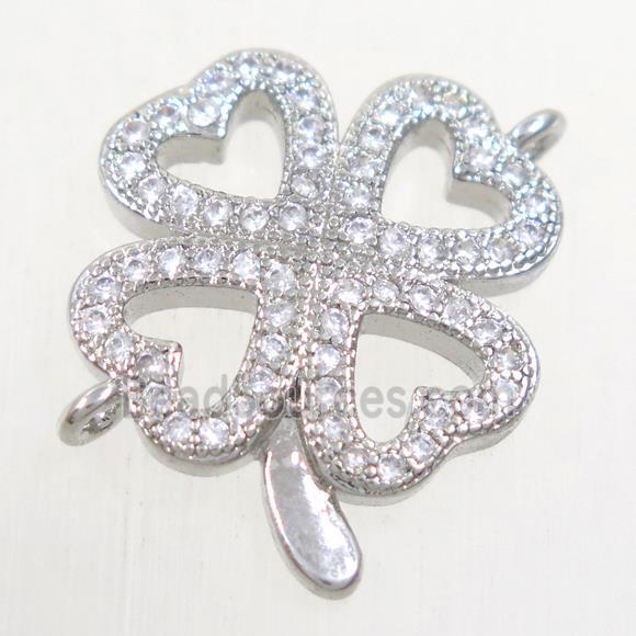 copper four-leaf clover connector paved zircon, platinum plated