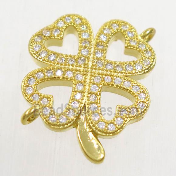 copper four-leaf clover connector paved zircon, gold plated