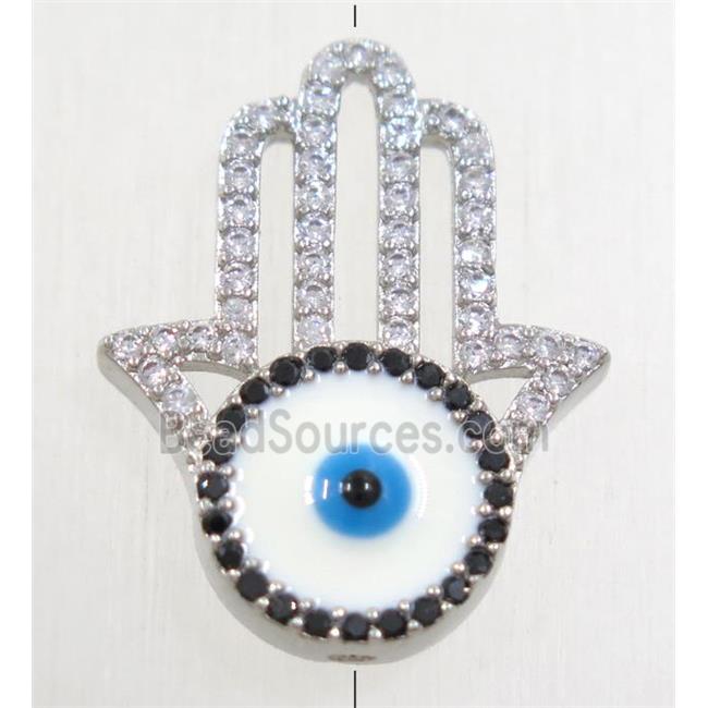 copper hamsahand beads paved zircon with evil eye, platinum plated