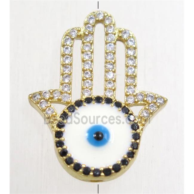 copper hamsahand beads paved zircon with evil eye, gold plated