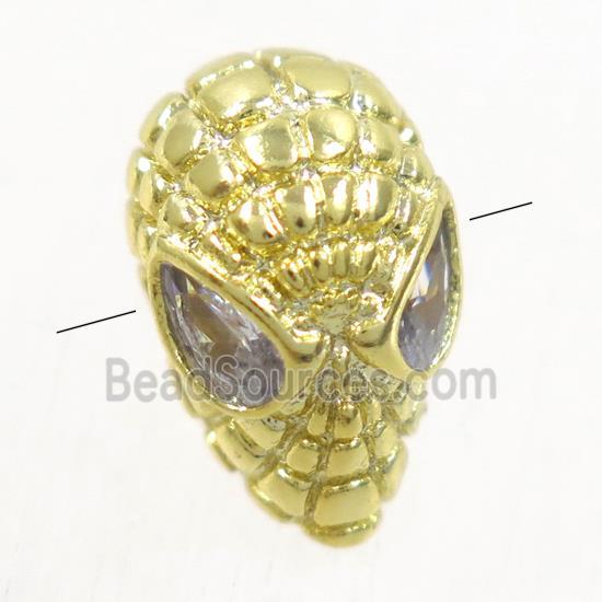 copper skull beads paved zircon, gold plated