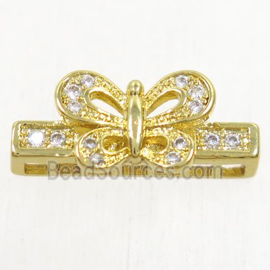 copper stick bead paved zircon with butterfly, gold plated