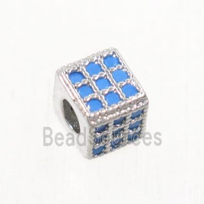 copper cube beads paved zircon, platinum plated, turq