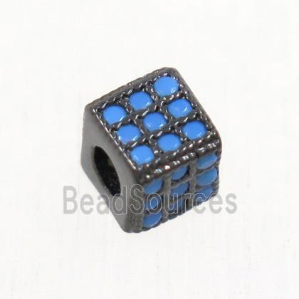 copper cube beads paved zircon, black plated, turq