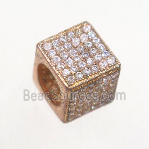 European style copper cube beads paved zircon, rose gold