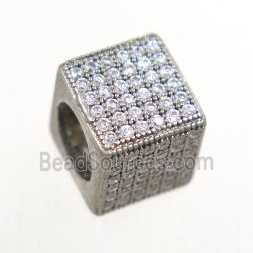 European style copper cube beads paved zircon, platinum plated