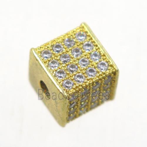 copper cube beads paved zircon, gold plated