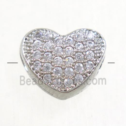 copper heart beads paved zircon, platinum plated