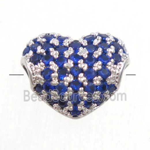 European style copper heart beads paved blue zircon, platinum plated