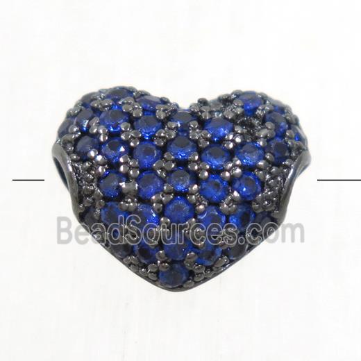 European style copper heart beads paved blue zircon, black plated