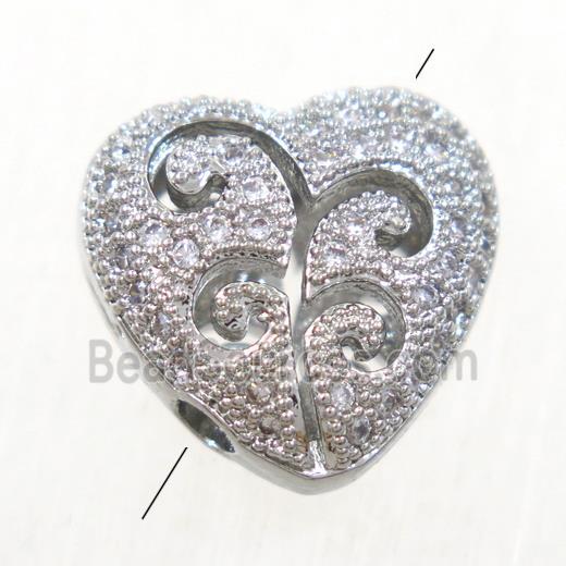 copper heart beads paved zircon, platinum plated