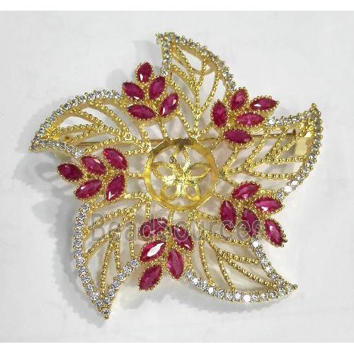 copper flower brooch paved zircon, gold plated