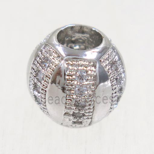 European style copper barrel beads paved zircon, platinum plated