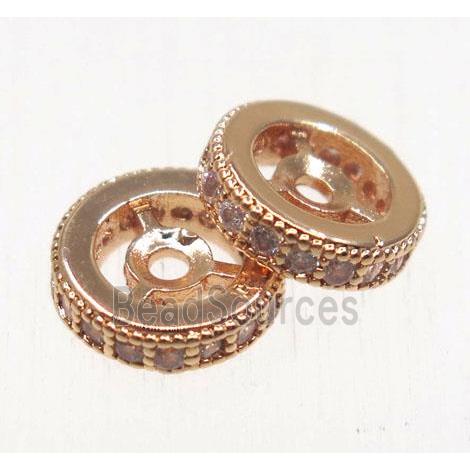 copper spacer beads paved zircon, heishi, rose gold