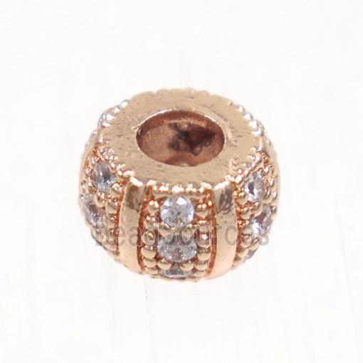 European style copper beads paved zircon, rondelle, rose gold