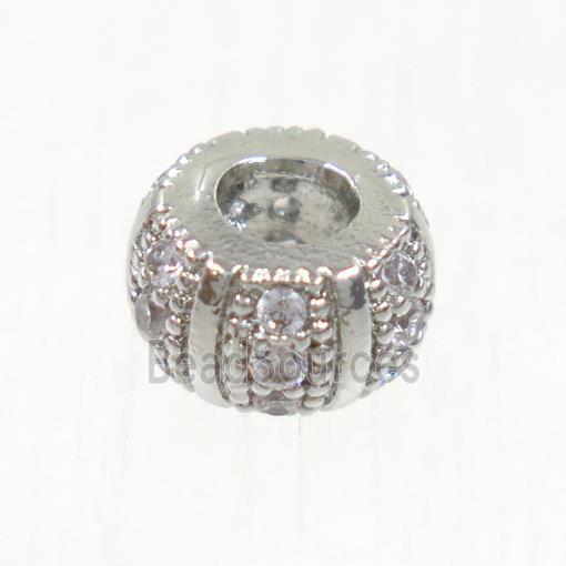 European style copper beads paved zircon, rondelle, platinum plated