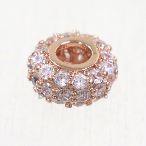 European style copper beads paved zircon, rondelle, rose gold