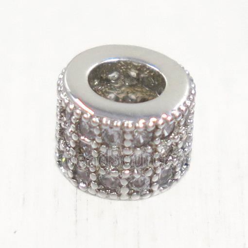 European style copper tube beads paved zircon, platinum plated