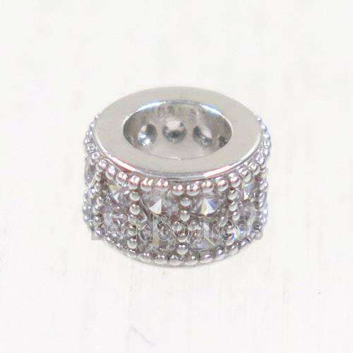 European style copper bead paved zircon, rondelle, platinum plated