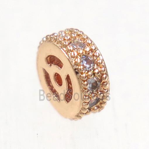 copper wheel beads paved zircon, rondelle, rose gold