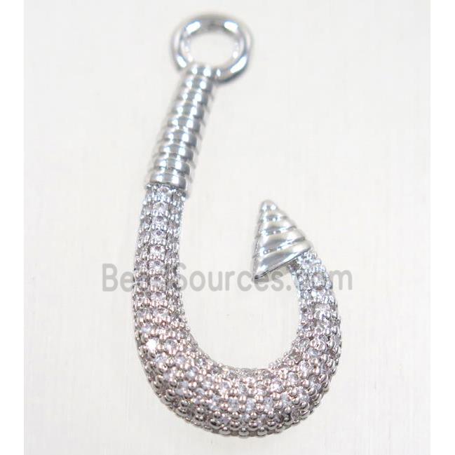 copper fishhook pendant paved zircon, platinum plated