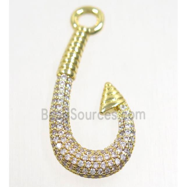 copper fishhook pendant paved zircon, gold plated