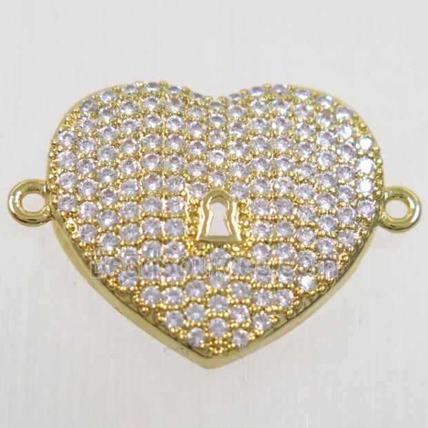 copper heart connector paved zircon, gold plated