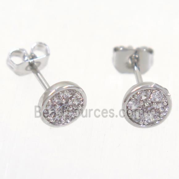 copper earring studs paved zircon, platinum plated