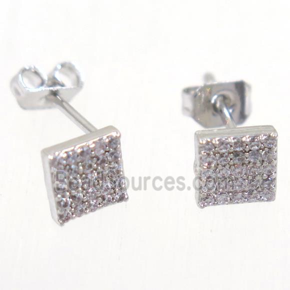 copper earring studs paved zircon, square, platinum plated