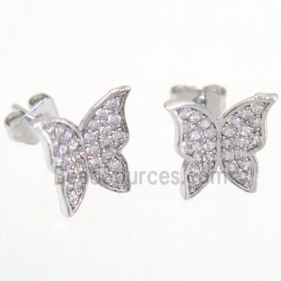 copper butterfly earring studs paved zircon, platinum plated