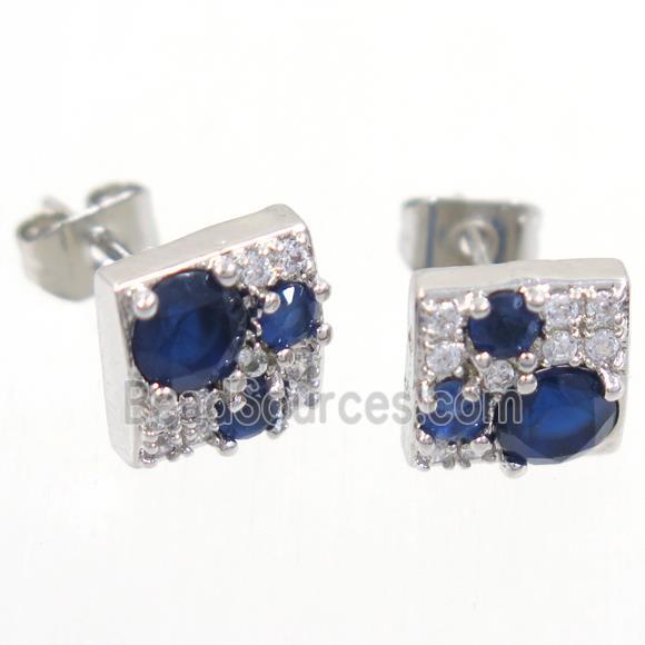 copper earring studs paved zircon, square, platinum plated