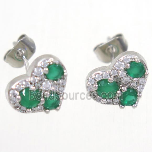 copper heart earring studs paved zircon, platinum plated