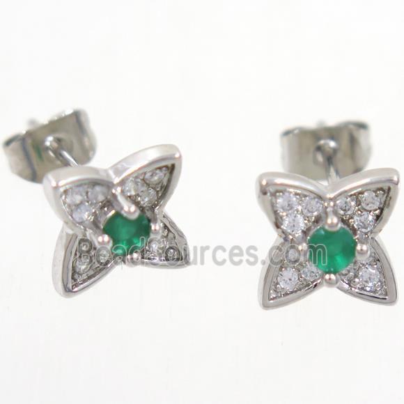 copper earring studs paved zircon, star, platinum plated