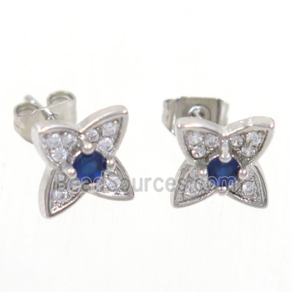 copper earring studs paved zircon, star, platinum plated