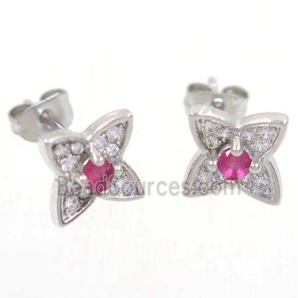 copper earring studs paved zircon, star, platinum plated