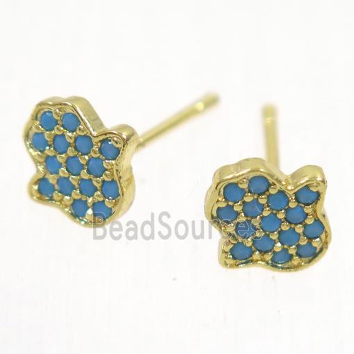 copper hamsahand earring studs paved zircon, gold plated