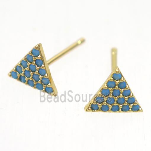 copper triangle earring studs paved zircon, gold plated