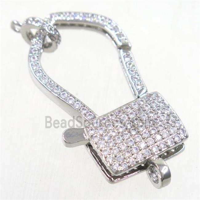 copper lock Clasp paved zircon, platinum plated