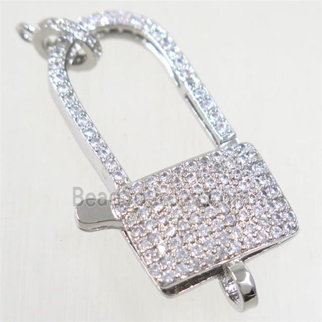 copper lock Clasp paved zircon, platinum plated