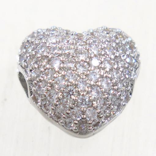 copper heart beads paved zircon, platinum plated