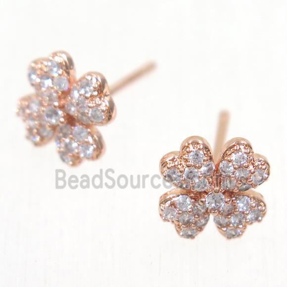 copper clover earring studs paved zircon, rose gold