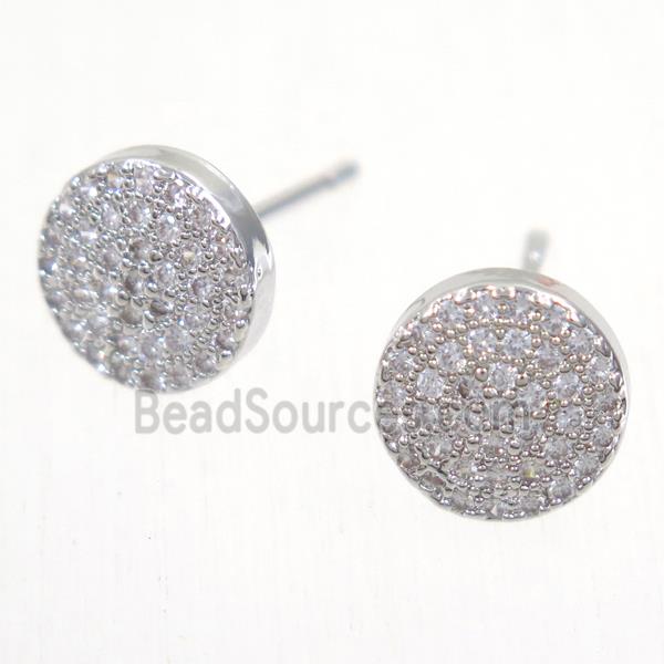 copper circle earring studs paved zircon, platinum plated