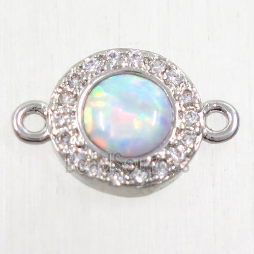 copper circle connector paved zircon with fire opal, platinum plated