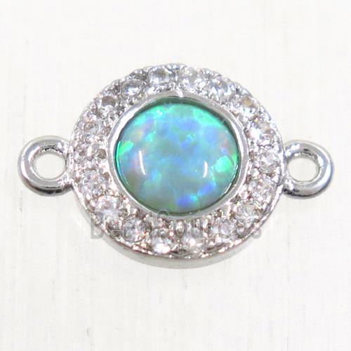 copper circle connector paved zircon with green fire opal, platinum plated