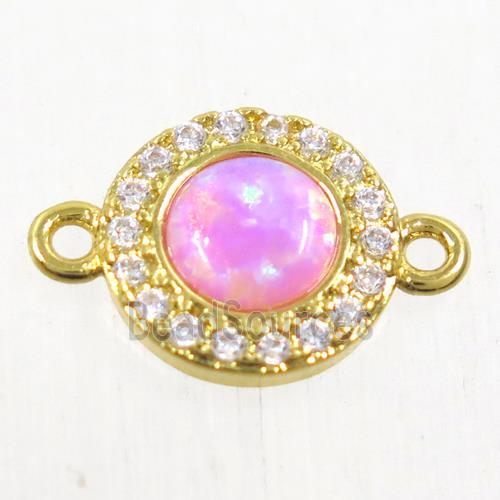 copper circle connector paved zircon with pink fire opal, gold plated