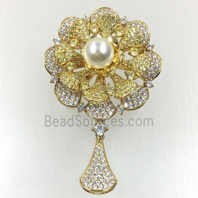 copper flower brooches pave zircon with pearl, revolvable, gold plated