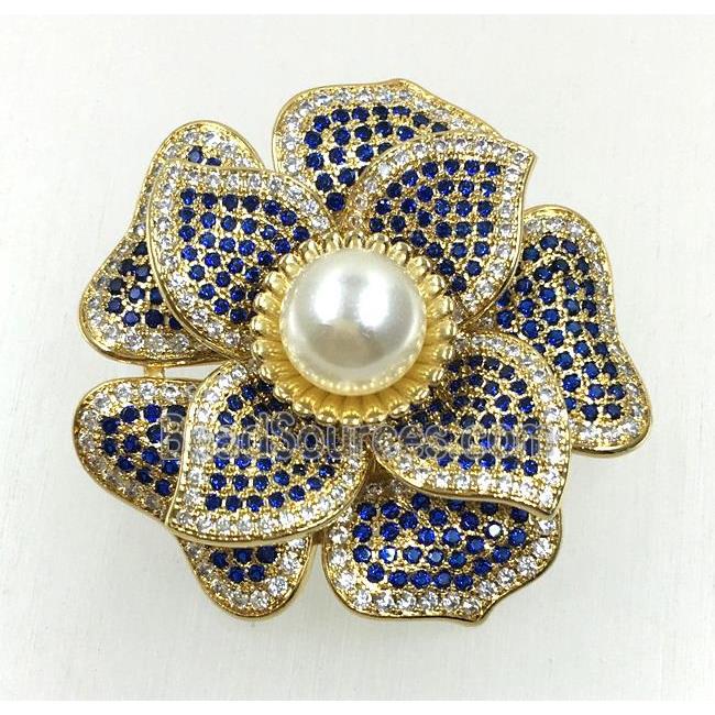 copper flower brooches pave zircon with pearl, revolvable, gold plated