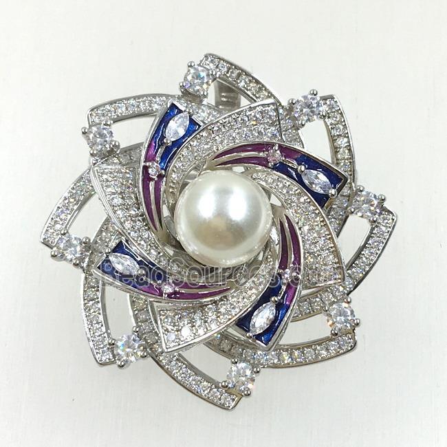 copper flower brooches pave zircon with pearl, revolvable, platinum plated