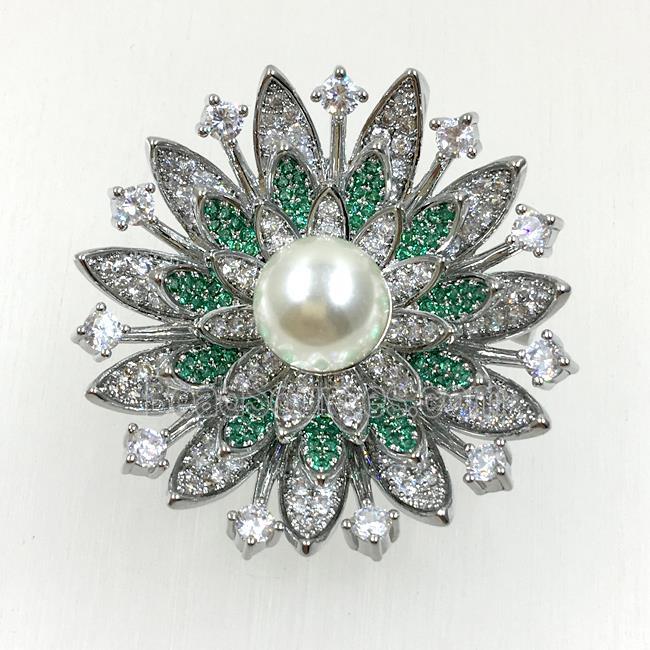 copper flower brooches pave zircon with pearl, revolvable, platinum plated