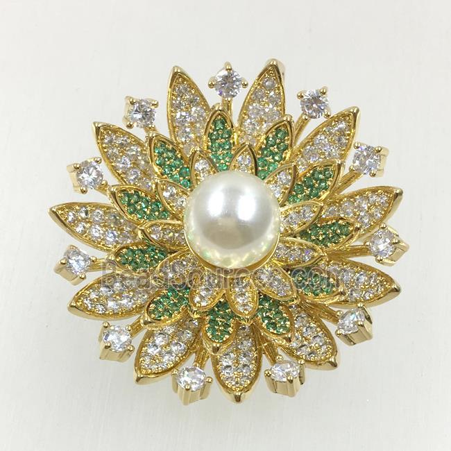 copper flower brooches pave zircon with pearl, revolvable, gold plated